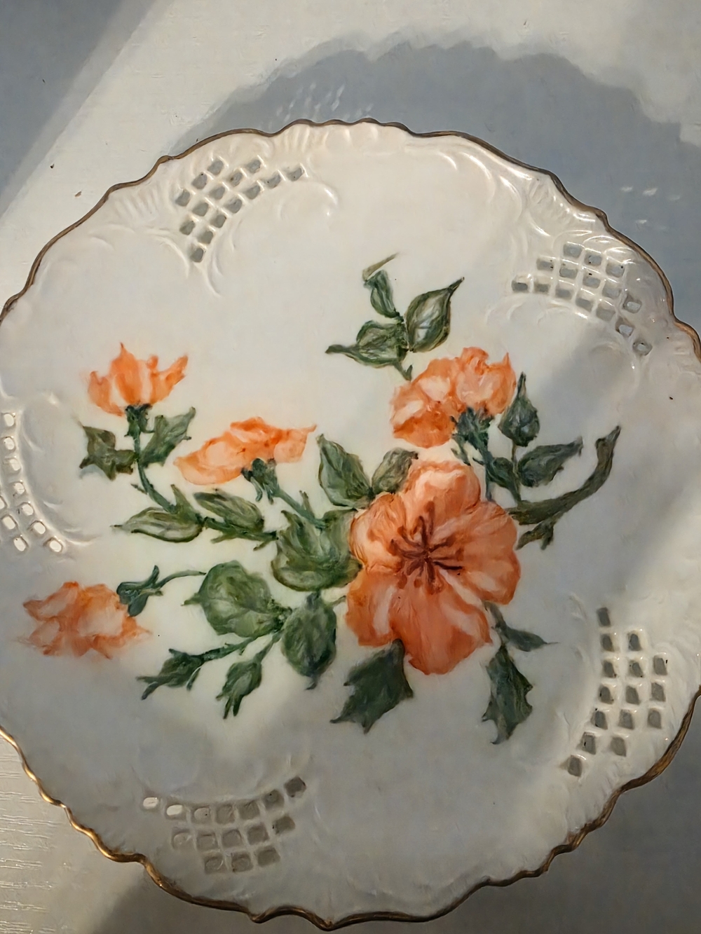 Hand-Painted Floral Porcelain Plate in Orange and Green